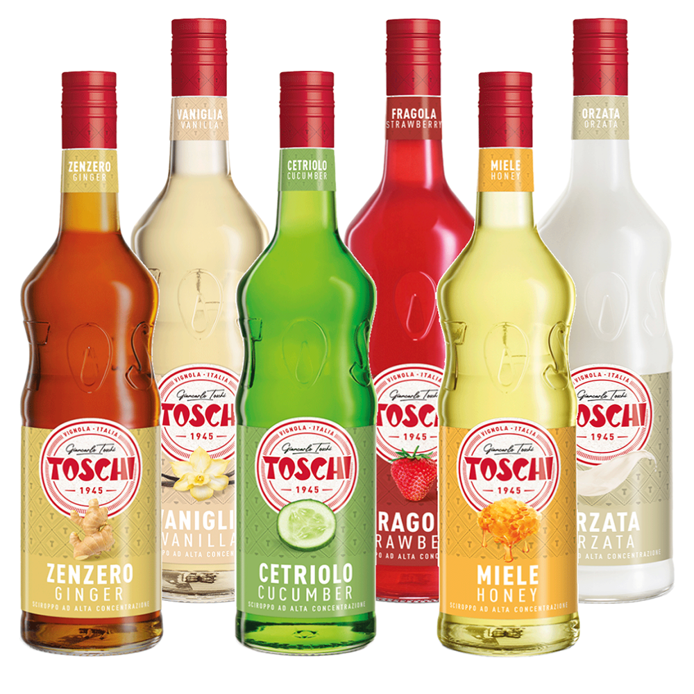 kit di 6 bottiglie di sciroppo toschi, una di sciroppo alla fragola, una di sciroppo alla vaniglia, una di sciroppo al cetriolo, una di sciroppo di zenzero, una di sciroppo al miele e una di sciroppo all'orzata
