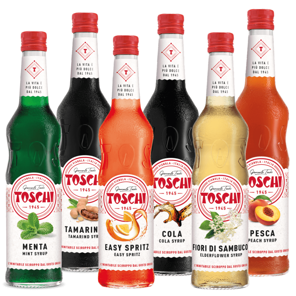 kit di sei bottiglie di sciroppo toschi, sciroppo alla menta, sciroppo al tamarindo, sciroppo easy spritz, sciroppo cola, sciroppo fiori di sambuco, sciroppo pesca
